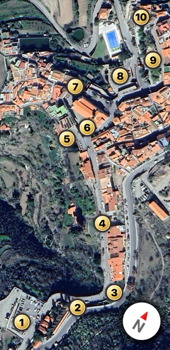 Mapa vertical de Tejeda con los 10 puntos románticos numerados del recorrido