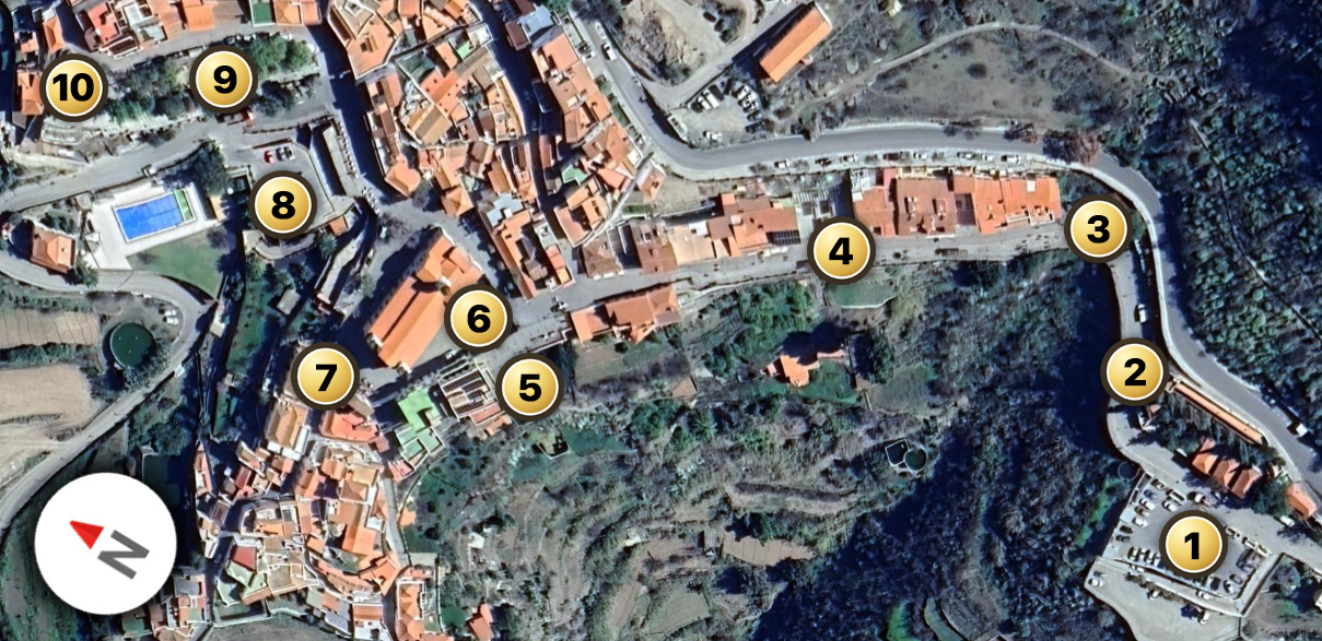 Mapa de Tejeda con los 10 puntos románticos numerados del recorrido